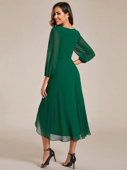 Long Sleeves Asymmetrical Hem A-Line Midi Wedding Guest Dress/Prom  Dresses