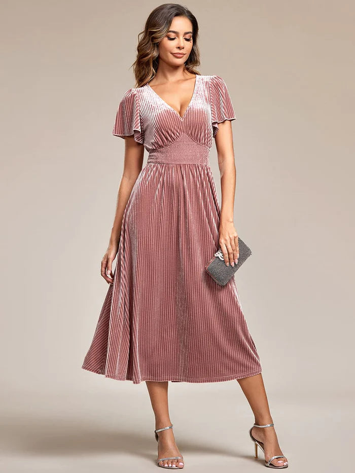 Graceful V-Neck Waist Design Short Sleeves Fall Velvet Midi Wedding Guest Dress/Prom Dresses