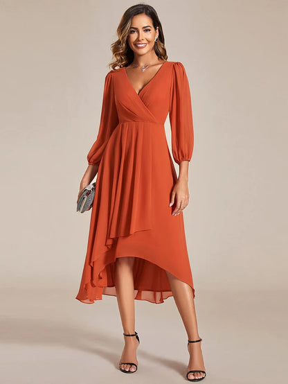 Long Sleeves Asymmetrical Hem A-Line Midi Wedding Guest Dress/Prom  Dresses