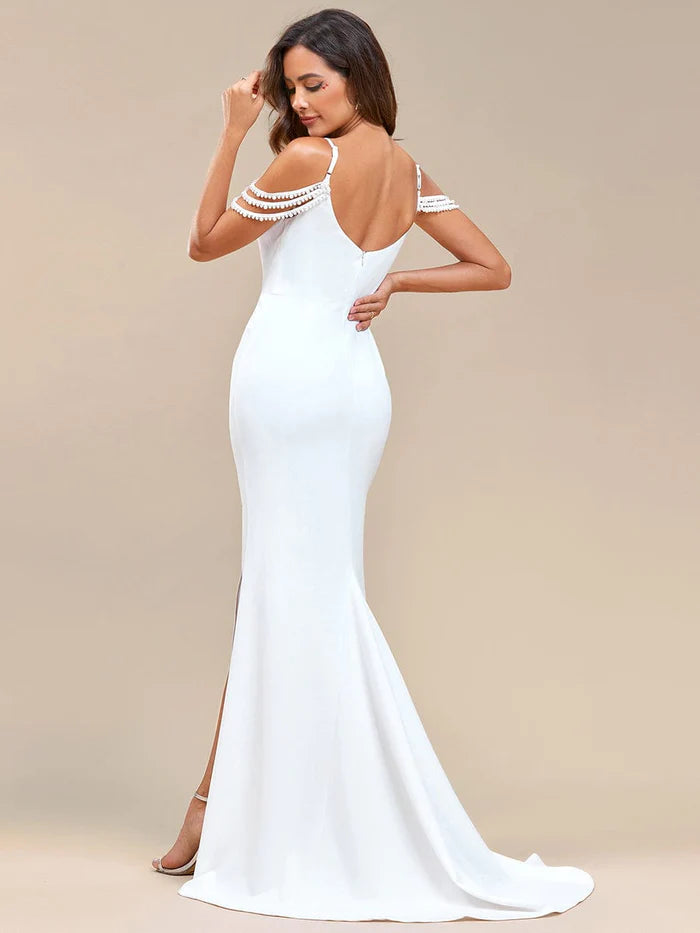 Pearl Chain Cold Shoulder Front Slit Pleated Mermaid Wedding Dress/Prom Dresses