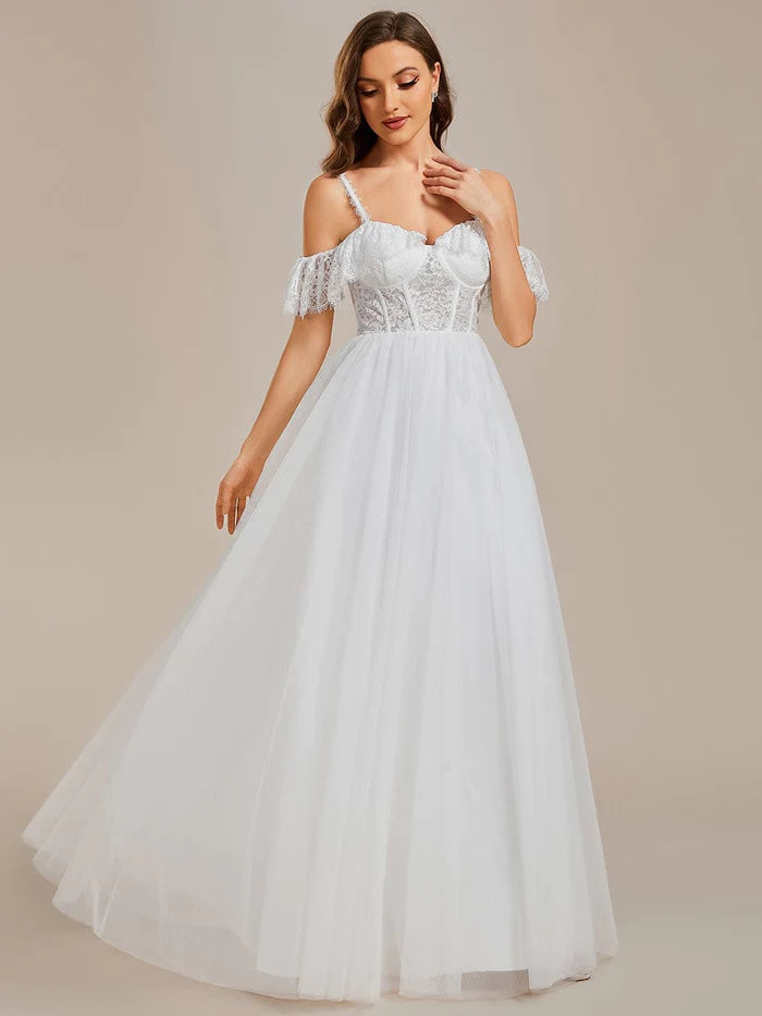 See-Through Lace Bodice Spaghetti Strap Short Sleeve Tulle Wedding Dress