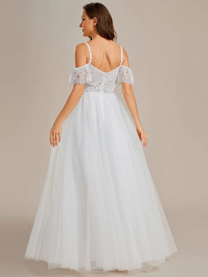 See-Through Lace Bodice Spaghetti Strap Short Sleeve Tulle Wedding Dress