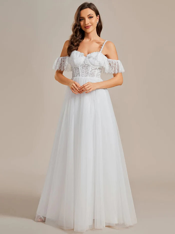 See-Through Lace Bodice Spaghetti Strap Short Sleeve Tulle Wedding Dress