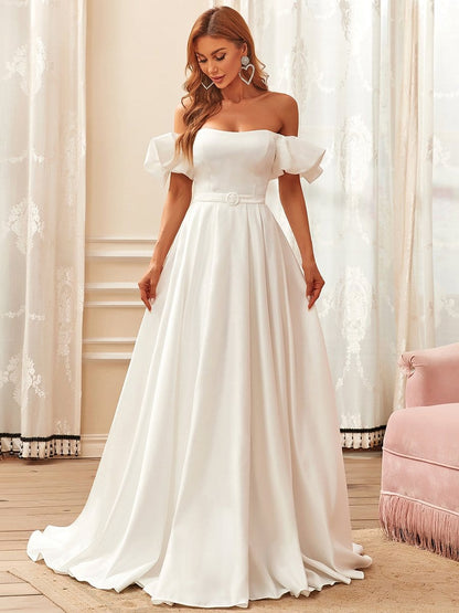 Belted Off-Shoulder Sweetheart Ball Gown Wedding Dress