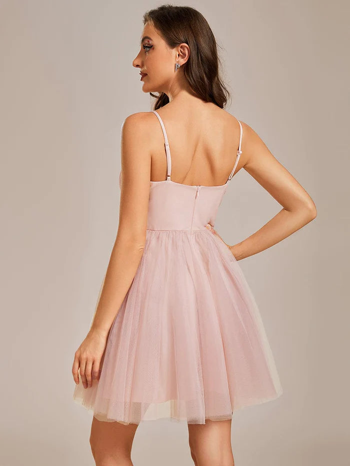 Dreamy Spaghetti Strap Tulle Short Pleated Homecoming Dress/Prom  Dresses