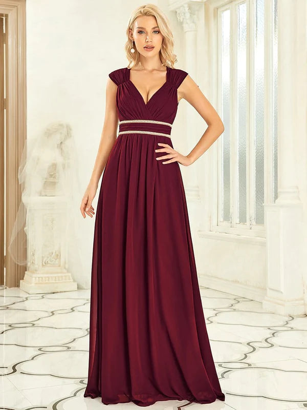 V-Neck Sleeveless Beaded Belt Chiffon A-Line Evening Dress