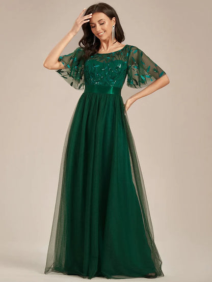 Women's A-Line Sequin Leaf Maxi Prom Dress with Sleeves/Evening Dresses