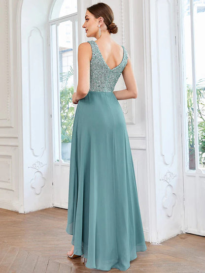 Sexy High-Low Maxi Chiffon Evening Dresses with Sequin