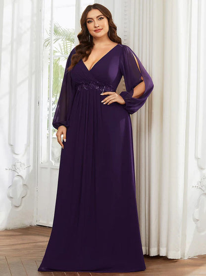 Stylish Plus Size Chiffon Formal Evening Dresses with Long Lantern Sleeves