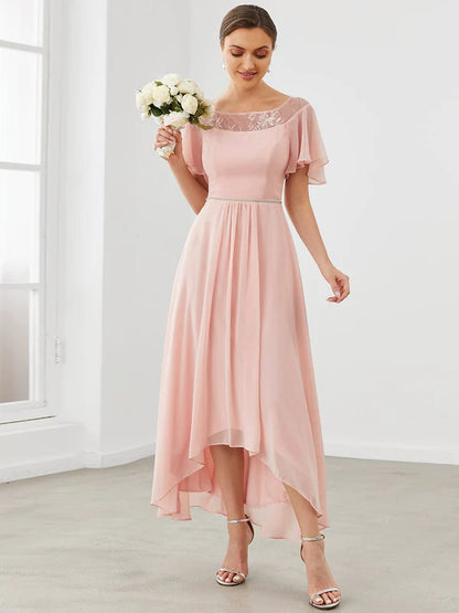 Chiffon Ruffle Sleeves Asymmetrical Hem Mother of the Bride Dress