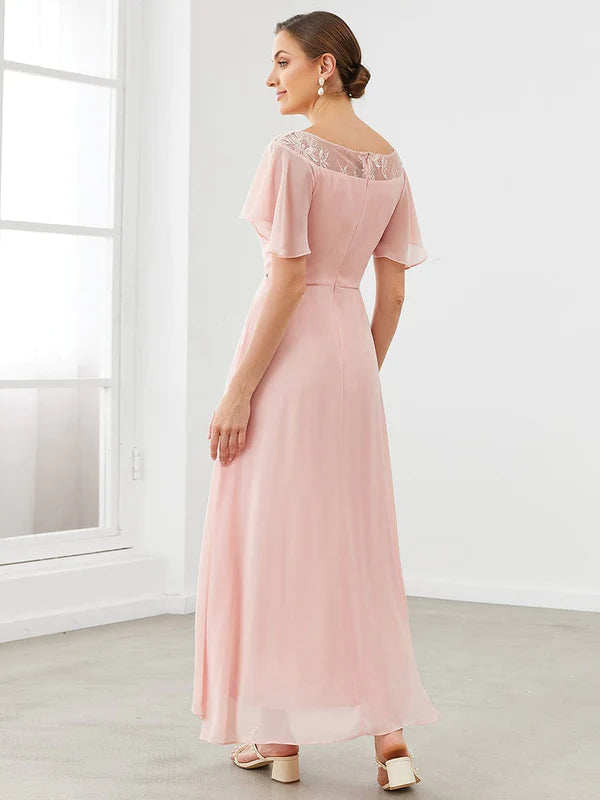 Chiffon Ruffle Sleeves Asymmetrical Hem Mother of the Bride Dress