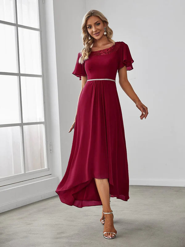 Chiffon Ruffle Sleeves Asymmetrical Hem Mother of the Bride Dress