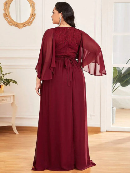 Plus Size Deep V Neck Lace Bodice Long Flowy Evening Dress