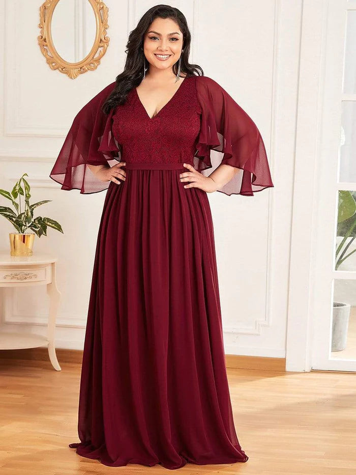 Plus Size Deep V Neck Lace Bodice Long Flowy Evening Dress