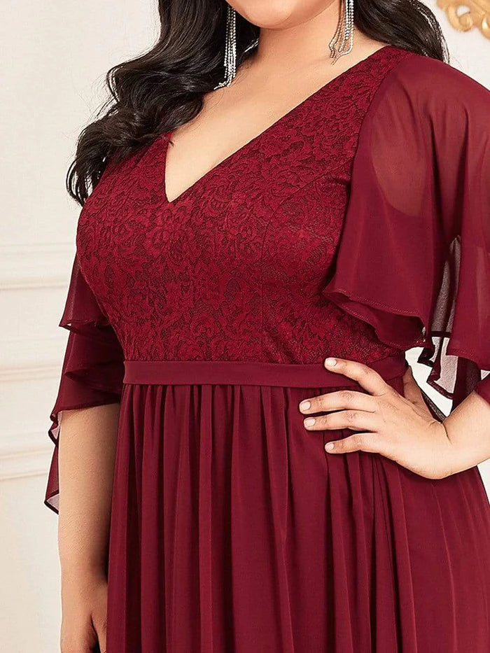 Plus Size Deep V Neck Lace Bodice Long Flowy Evening Dress