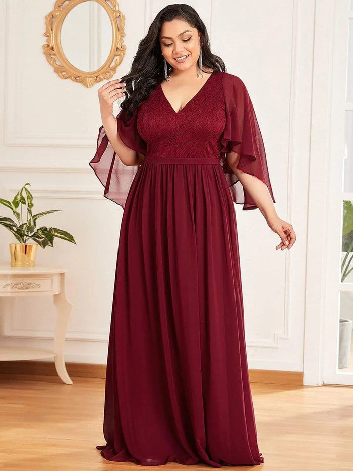 Plus Size Deep V Neck Lace Bodice Long Flowy Evening Dress