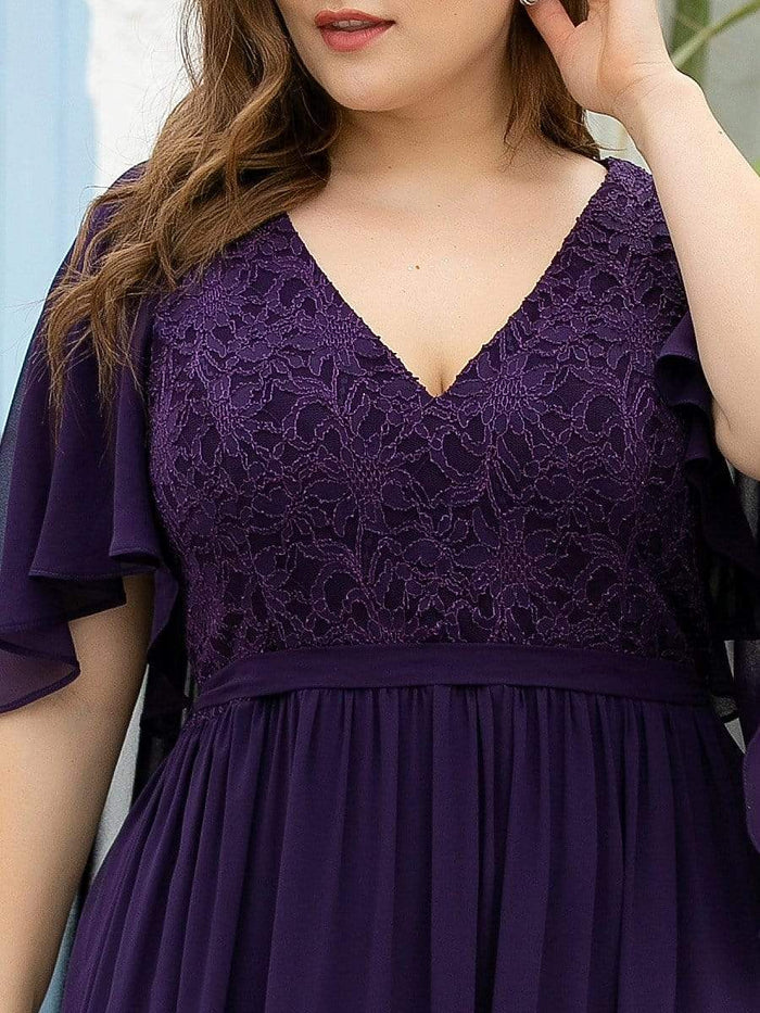 Plus Size Deep V Neck Lace Bodice Long Flowy Evening Dress