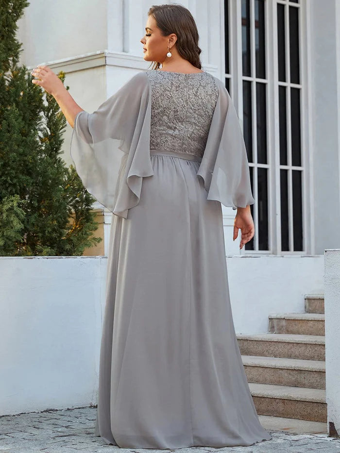 Plus Size Deep V Neck Lace Bodice Long Flowy Evening Dress