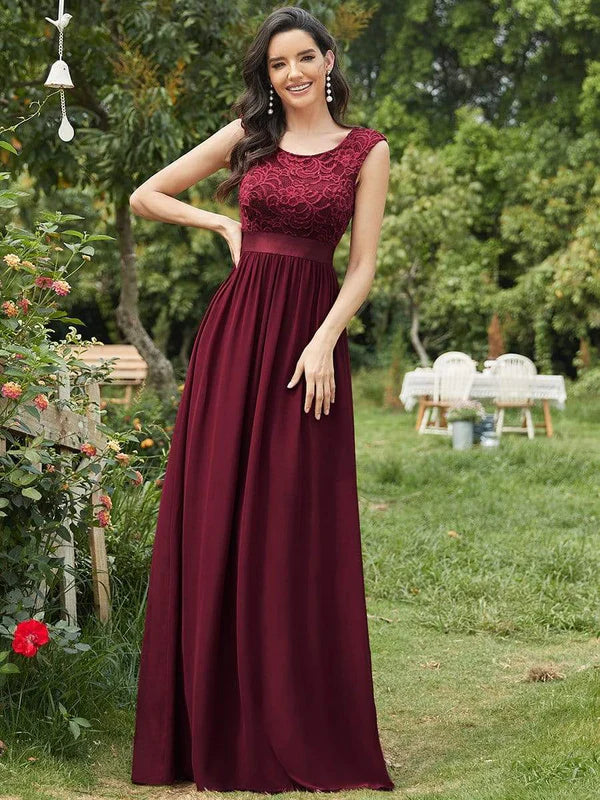 Classic Round Neck V Back Lace Bodice Bridesmaid Dress