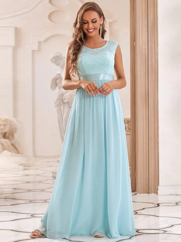 Classic Round Neck V Back Lace Bodice Bridesmaid Dress