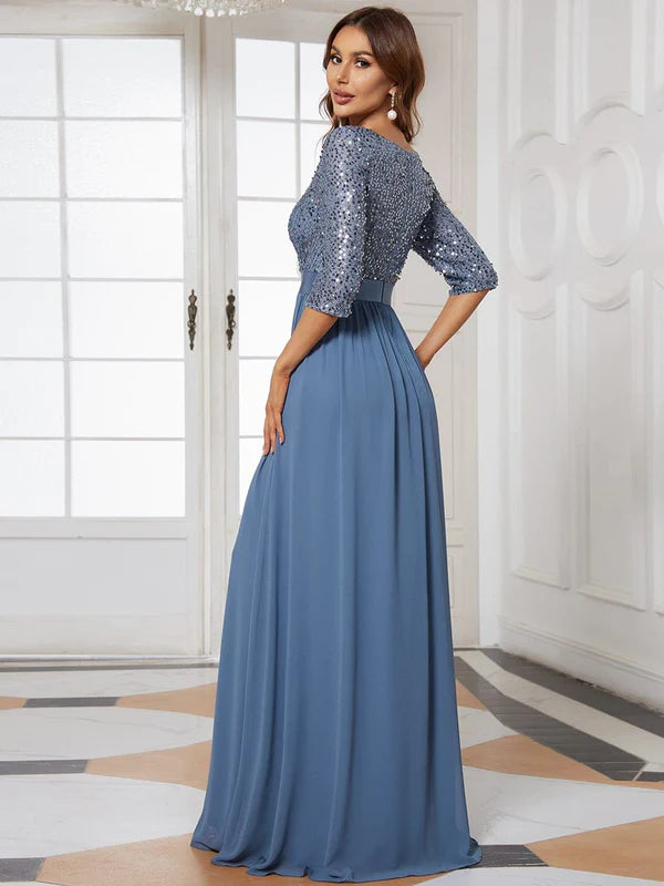 Elegant Round Neckline Long Sleeves Sequin Evening Dress