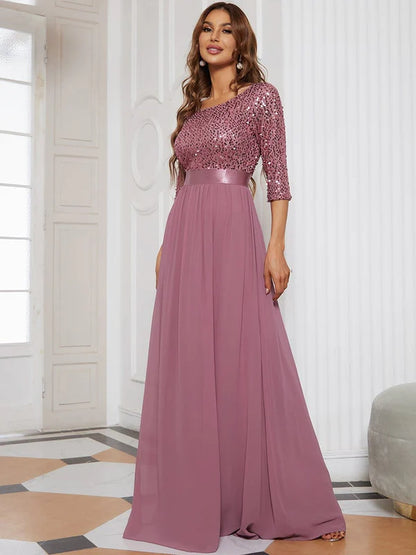 Elegant Round Neckline Long Sleeves Sequin Evening Dress