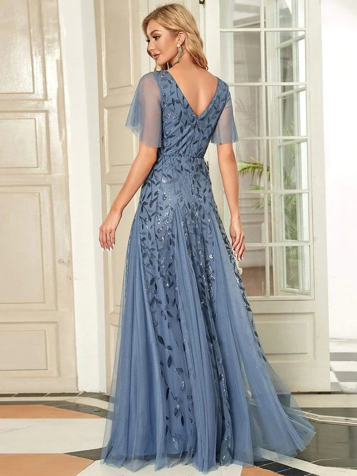 Shimmery V Neck Ruffle Sleeves Sequin Maxi Long Evening Dress/Prom Dresses