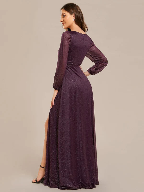 Women's Sexy Long Sleeve V-Neck Shiny Evening Dress