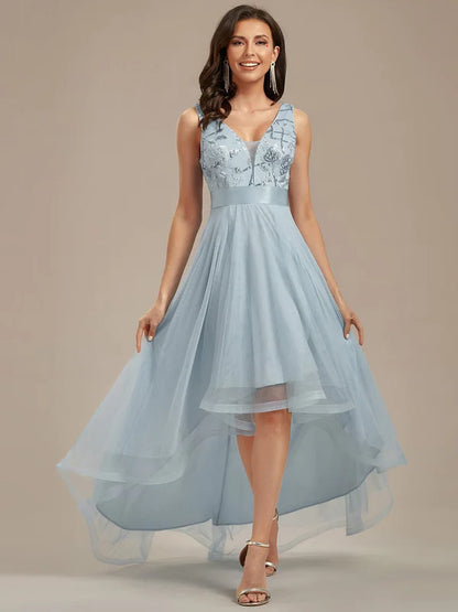 Fashion High-Low Deep V Neck Tulle Prom Dresses with Sequin Appliques