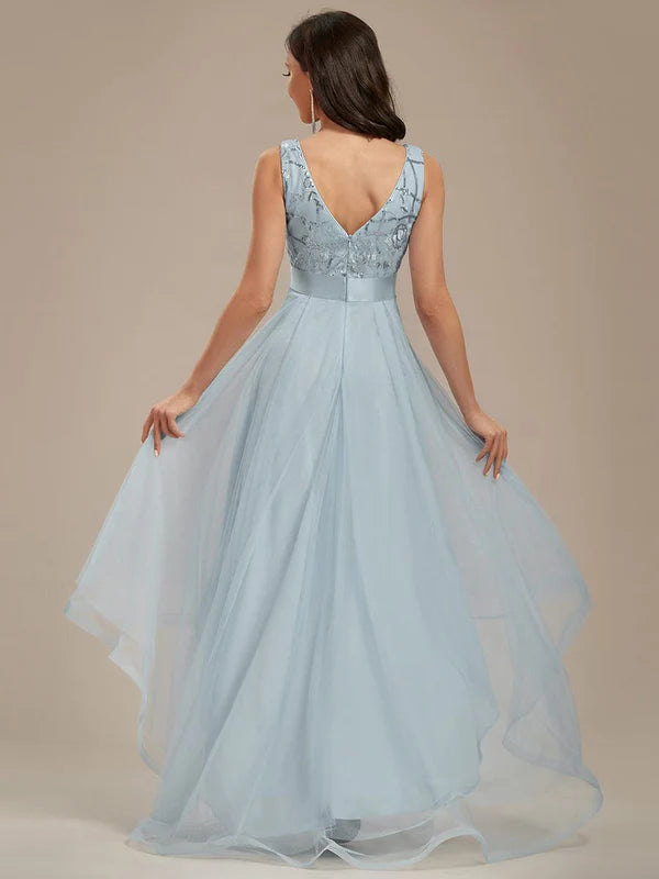 Fashion High-Low Deep V Neck Tulle Prom Dresses with Sequin Appliques