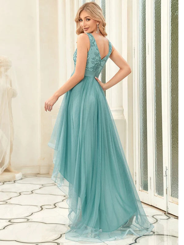 Fashion High-Low Deep V Neck Tulle Prom Dresses with Sequin Appliques