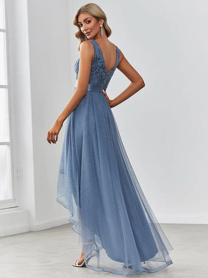 Fashion High-Low Deep V Neck Tulle Prom Dresses with Sequin Appliques