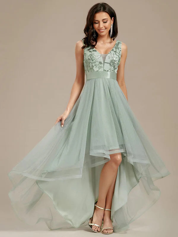 Fashion High-Low Deep V Neck Tulle Prom Dresses with Sequin Appliques