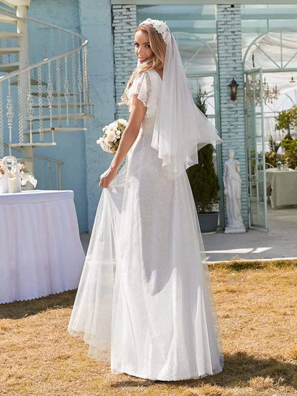 Elegant Maxi Lace Elopement Wedding Dress with Ruffle Sleeves