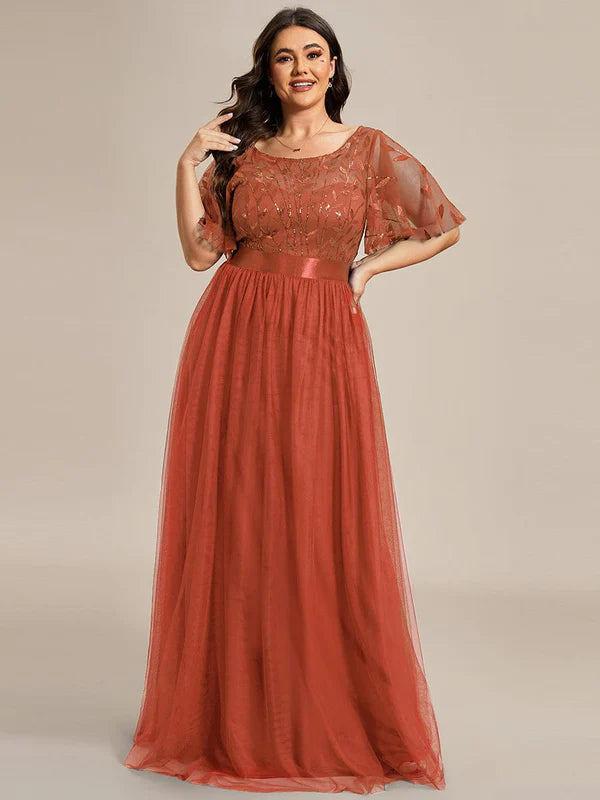 Women's A-Line Short Sleeve Embroidery Floor Length Evening Dresses