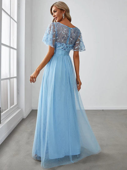 Women's A-Line Short Sleeve Embroidery Floor Length Evening Dresses