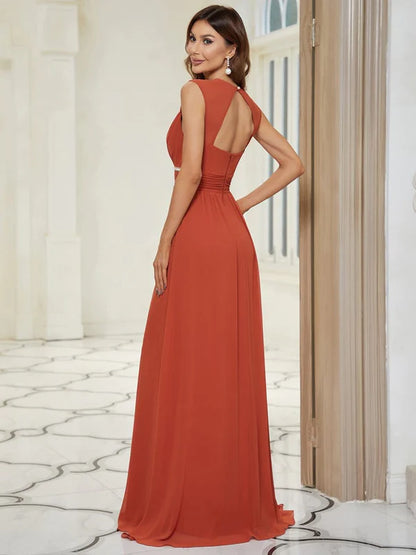 V-Neck Sleeveless Beaded Belt Chiffon A-Line Evening Dress