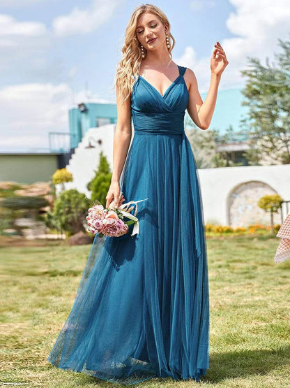 Floor Length Double V Neck Tulle Bridesmaid Dresses