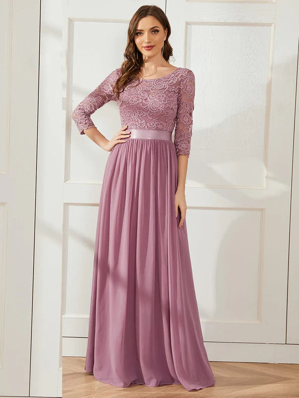 See-Through Floor Length Lace Evening Dress with Half Sleeve