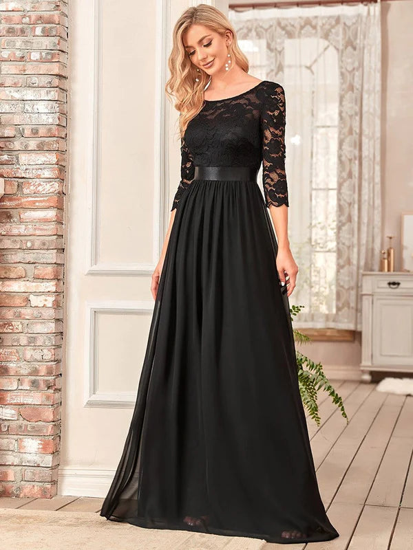 See-Through Floor Length Lace Evening Dress with Half Sleeve