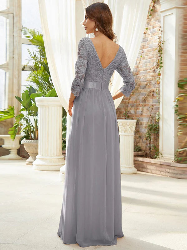 See-Through Floor Length Lace Evening Dress with Half Sleeve