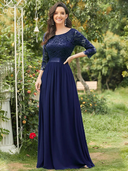 See-Through Floor Length Lace Evening Dress with Half Sleeve