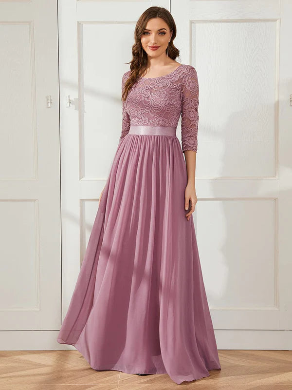 See-Through Floor Length Lace Evening Dress with Half Sleeve