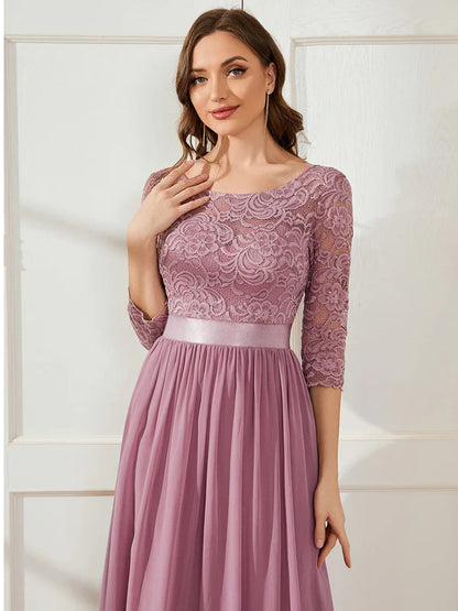 See-Through Floor Length Lace Evening Dress with Half Sleeve