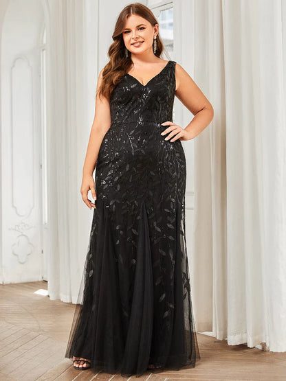 Plus Size Double V-Neck Fishtail Sequin Formal Maxi Evening Dress