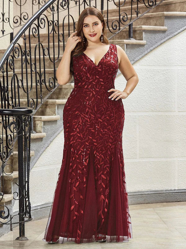 Plus Size Double V-Neck Fishtail Sequin Formal Maxi Evening Dress