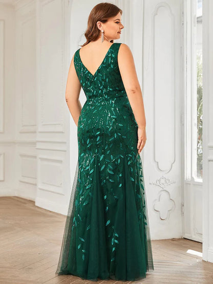 Plus Size Double V-Neck Fishtail Sequin Formal Maxi Evening Dress