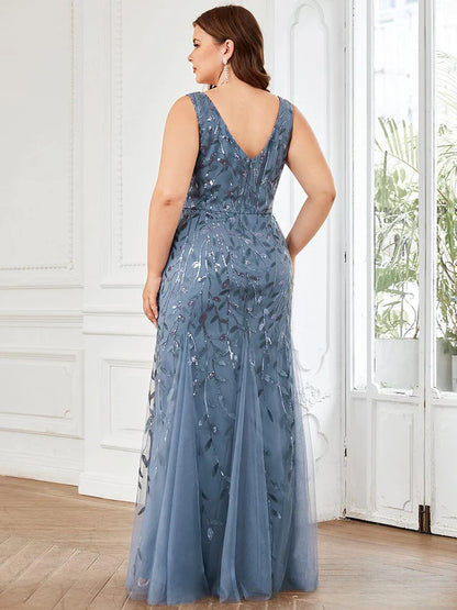 Plus Size Double V-Neck Fishtail Sequin Formal Maxi Evening Dress