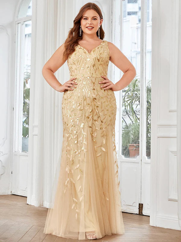 Plus Size Double V-Neck Fishtail Sequin Formal Maxi Evening Dress