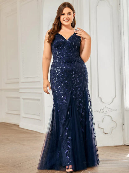 Plus Size Double V-Neck Fishtail Sequin Formal Maxi Evening Dress